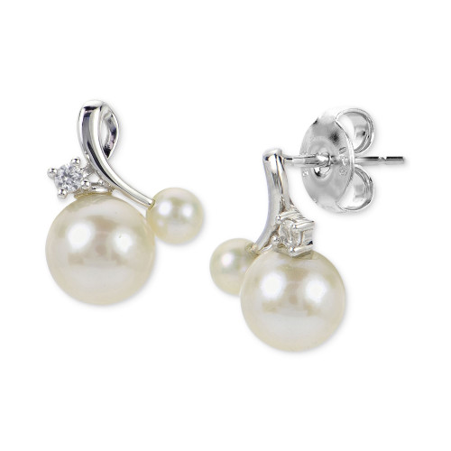 Cultured Freshwater Pearl (3-1/2 & 6-1/2mm) & Lab-Created White Sapphire (1/20 ct. t.w.) Stud Earrings in Sterling Silver