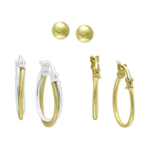3-Pc. Set Small Hoop and Ball Stud Earrings in Sterling Silver & 18k Gold-Plate, Created for Macy's