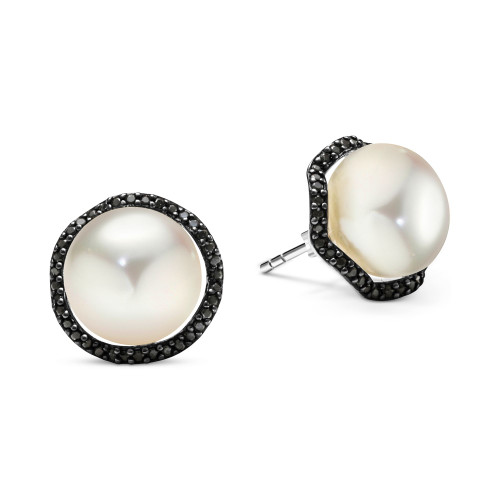 Cultured Freshwater Pearl (11mm) & Black Spinel (3/4 ct. t.w.) Halo Stud Earrings in Sterling Silver
