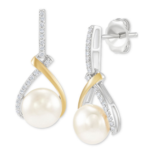 Cultured Freshwater Button Pearl (7mm) & White Topaz (1/5 ct. t.w.) Drop Earrings in Sterling Silver & 14K Gold