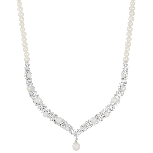 Cultured Freshwater Button & Potato Pearl (5-11mm) & Cubic Zirconia Fancy Collar Necklace in Sterling Silver, 16" + 2" extender