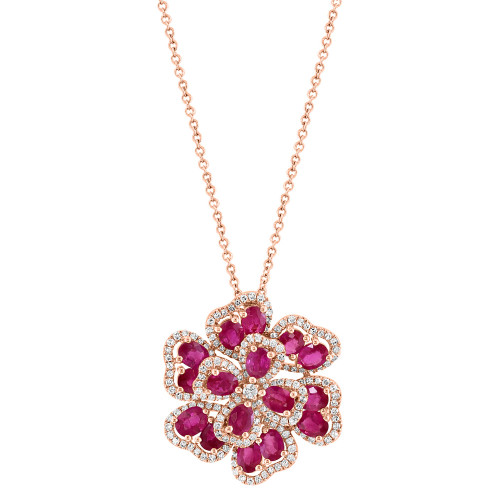EFFY® Ruby (3-3/4 ct. t.w.) & Diamond (5/8 ct. t.w.) Flower 18"Pendant Necklace in 14k Rose Gold