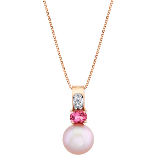 Pink Cultured Freshwater Pearl (7mm), Pink Tourmaline (1/5 ct. t.w.) & Diamond Accent 18" Pendant Necklace in 14k Rose Gold
