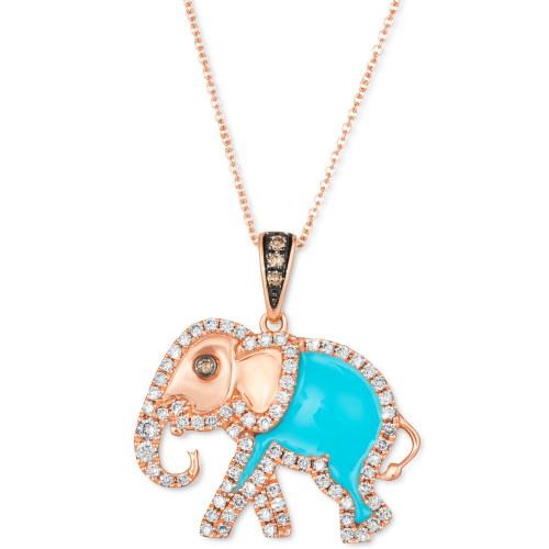 Turquoise Enamel & Diamond (5/8 ct. t.w.) 18" Elephant Pendant Necklace in 14k Rose Gold