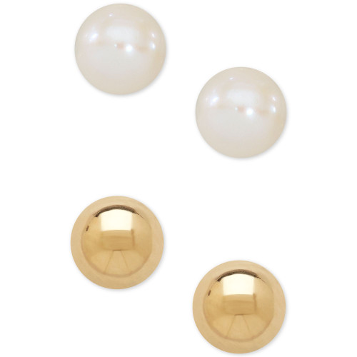 Children's 2-Pc Set Cultured Freshwater Pearl (3-3/4mm) and Gold Ball Earring Set in 14k Gold