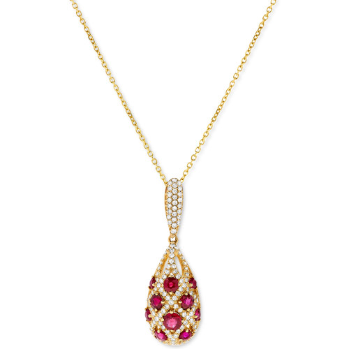 Ruby (1-1/8 ct. t.w.) & Diamond (1/2 ct. t.w.) Oval Basket-Weave Look 16" Pendant Necklace in 14k Gold