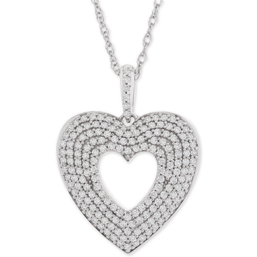 Diamond Multi-Row Heart Pendant Necklace (1/2 ct. t.w.) in 14k White Gold, 18" + 2" extender