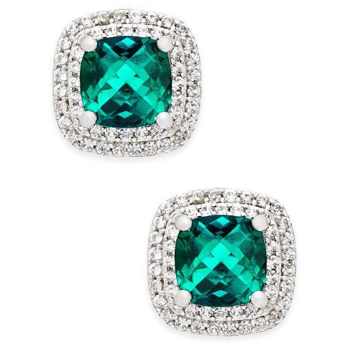 Lab-Created Emerald (1-1/3 ct. t.w.) and White Sapphire (1/3 ct. t.w.) Square Stud Earrings in Sterling Silver