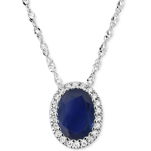 Sapphire (7/8 ct. t.w.) & Diamond (1/20 ct. t.w.) Oval Halo Pendant Necklace in 14k White Gold, 16" + 2" extender