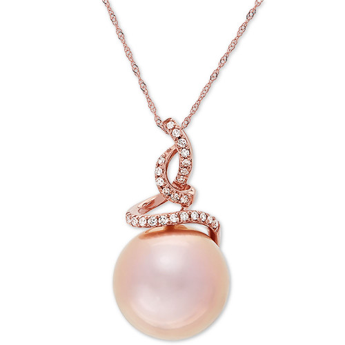 Pink Cultured Ming Pearl (13mm) & Diamond (1/8 ct. t.w.) 18" Pendant Necklace in 14k Rose Gold