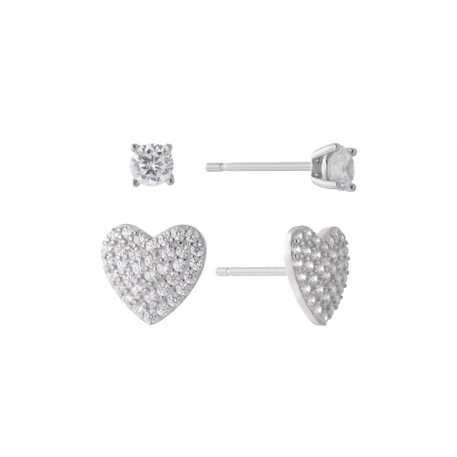 Gianni Bernini 2-Pair Cubic Zirconia Pave Heart Stud Earrings Set (0.69 ct. t.w.) in Sterling Silver or 18K Gold Over Sterling Silver