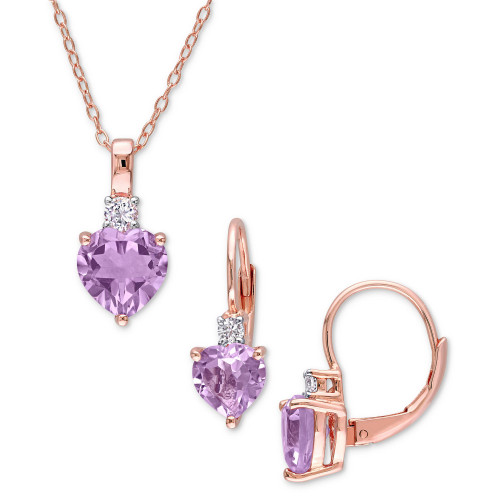 2-Pc. Set Pink Amethyst (3-1/2 ct. t.w.) & Lab-Created White Sapphire (1/3 ct. t.w.) Heart Pendant Necklace & Matching Leverback Drop Earrings in Rose-Plated Sterling Silver