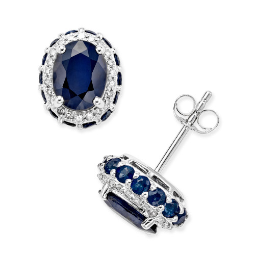Blue Sapphire (3-7/8 ct. t.w.) and White Sapphire (1/5 ct. t.w.) Oval Stud Earrings in 10k White Gold, Created for Macy's