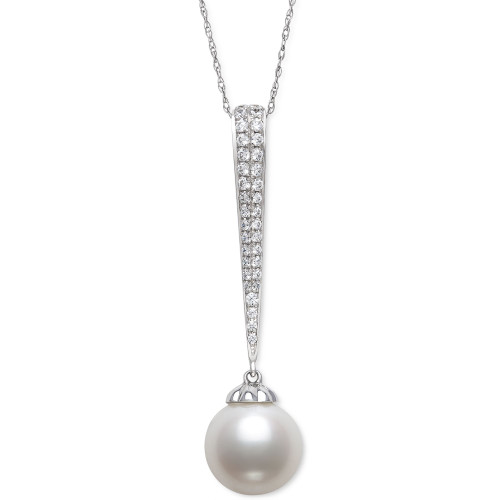 Cultured Freshwater Pearl (9mm) & Diamond (1/5 ct. t.w.) Pavé Elongated 18" Pendant Necklace in 14k White Gold, Created for Macy's