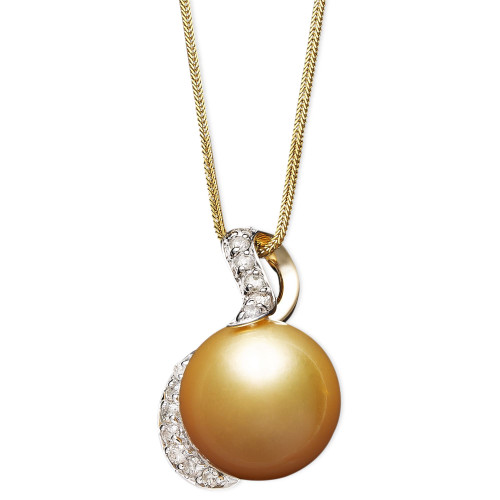 14k Gold Necklace, Cultured Golden South Sea Pearl (13mm) and Diamond (1/3 ct. t.w.) Pendant