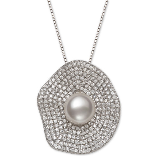 Cultured Freshwater Pearl (8mm) & Cubic Zirconia 18" Pendant Necklace in Sterling Silver
