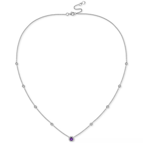 Amethyst (1/5 ct. t.w.) & Diamond (1/10 ct. t.w.) Halo Collar Necklace in Sterling Silver, 17" + 1" extender, (Also in Garnet, Citrine, Peridot, Blue Topaz, Emerald & Ruby)