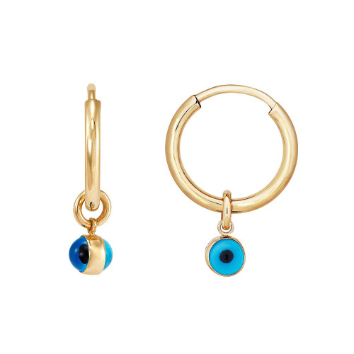 Evil Eye Glass Bead Dangle Hoop Earrings in 10k Gold