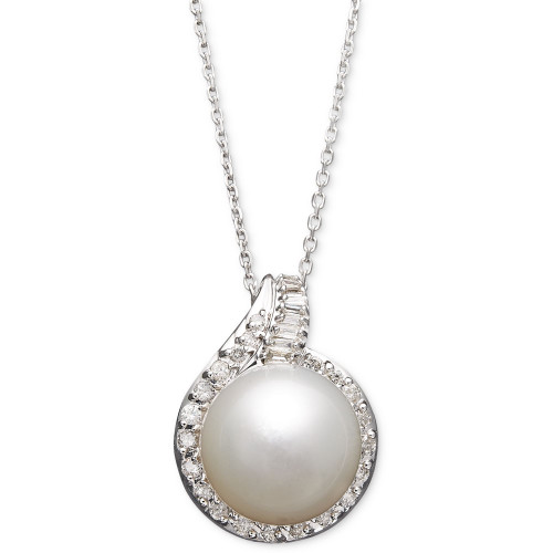 14k White Gold Necklace, Cultured South Sea Pearl (12mm) and Diamond (1/2 ct. t.w.) Pendant