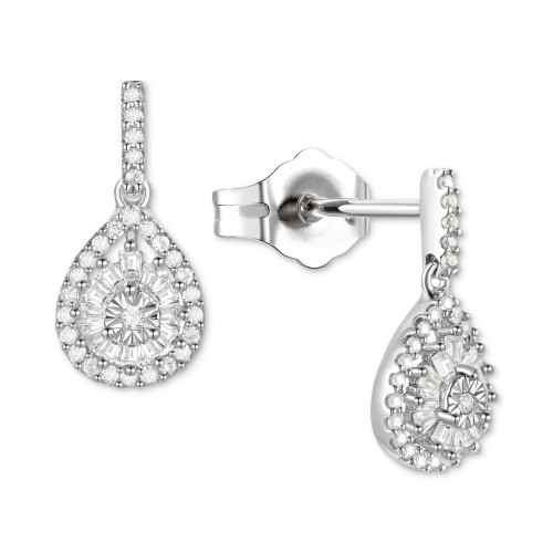 Diamond Baguette & Round Teardrop Cluster Drop Earrings (1/4 ct. t.w.) in Sterling Silver