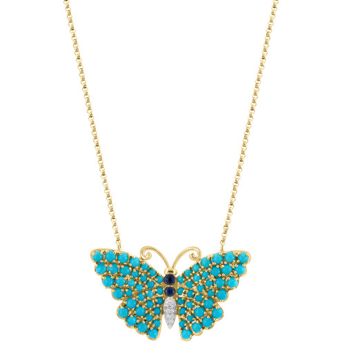 EFFY® Turquoise, Sapphire (1/10 ct. t.w.), & Diamond Accent Butterfly 16" Pendant Necklace in 14k Gold