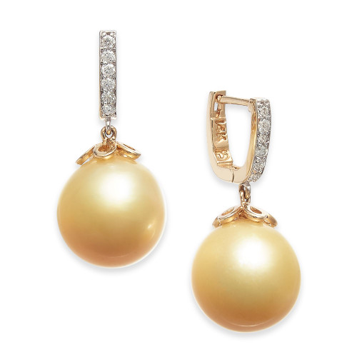Cultured Golden South Sea Pearl (10mm) & Diamond (1/10 ct. t.w.) Dangle Drop Earrings in 14k Gold