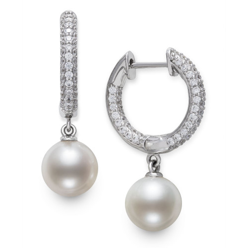 Cultured Freshwater Pearl (7mm) & Cubic Zirconia Dangle Huggie Hoop Earrings in Sterling Silver, Created for Macy's