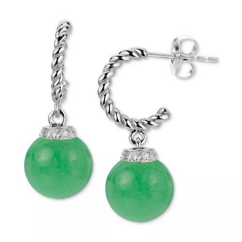 Jade & Lab-Created White Sapphire (1/20 ct. t.w.) Dangle Hoop Drop Earrings in Sterling Silver (Also available in Onyx)