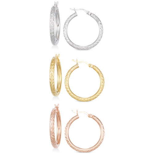 Set of Three Textured Hoop Earrings in 14k Tri-Gold Vermeil and Sterling Silver