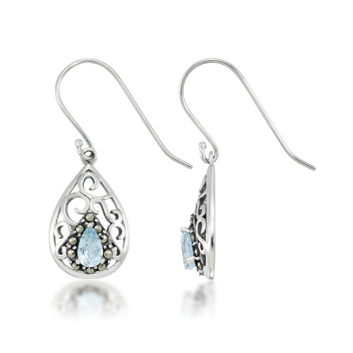 Blue Topaz Open Work Teardrop Dangle Earrings