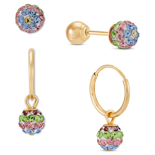 Children's 2-Pc Set Multicolor Crystal Reversible Stud & Dangle Hoop Earrings in 14k Gold-Plated Sterling Silver