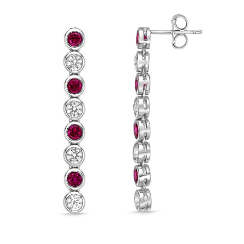 Sterling Silver Elegant Alternating Created Red Ruby and Created White Sapphire Round Bezel Set Drop Earrings