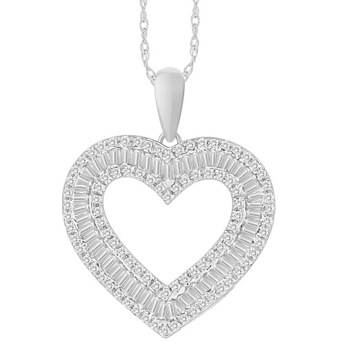 Diamond Round & Baguette Open Heart 18" Pendant Necklace (1/2 ct. t.w.) in 10k White Gold