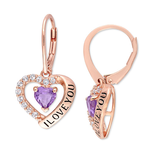 Amethyst (4/5 ct. t.w.) & White Topaz (5/8 ct. t.w.) Heart "I Love You" Leverback Drop Earrings in 18k Rose Gold-Plated Sterling Silver
