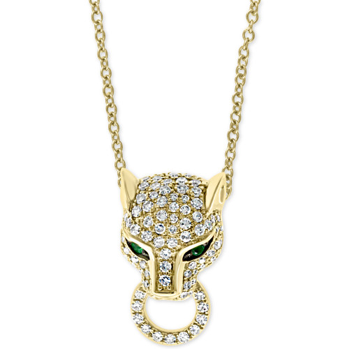 EFFY® Diamond (3/8 ct. t.w.) & Emerald (1/20 ct. t.w.) Panther 18" Pendant Necklace in 14k Gold