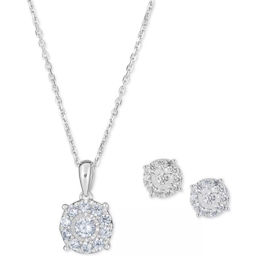 2-Pc. Diamond (1 ct. t.w.) Halo 18" Pendant Necklace & Matching Stud Earring Set in 14k White or Yellow Gold