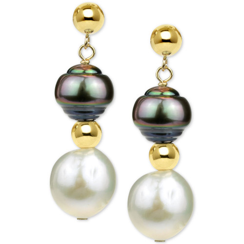 Cultured Baroque Freshwater Pearl (11-12mm) and Tahitian Pearl (8-9mm) Drop Earrings in 14k Gold