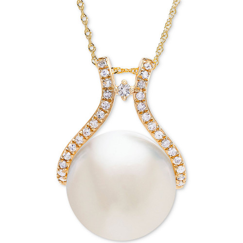 Cultured White Ming Pearl (13mm) & Diamond (1/5 ct. t.w.) Pendant Necklace in 14k Gold