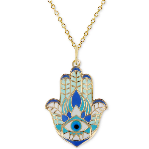 Enamel Evil Eye Hamsa Hand 18" Pendant Necklace in 14k Gold