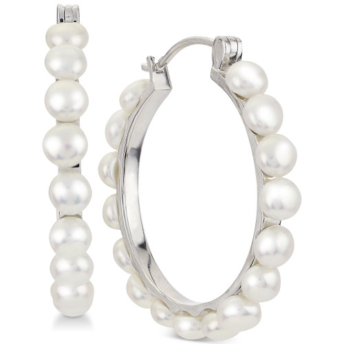 Cultured Button Freshwater Pearl (4mm) Hoop Earrings in Sterling Silver