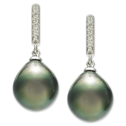 Cultured Tahitian Pearl (10mm) & Diamond (1/10 ct. t.w.) Drop Earrings in 14k White Gold