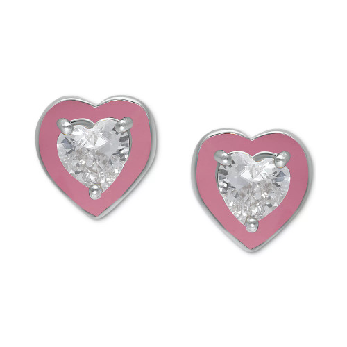 Cubic Zirconia Pink Enamel Heart Stud Earrings, Created for Macy's