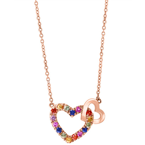 EFFY® Multi-Sapphire Double Heart 16" Pendant Necklace (3/8 ct. t.w.) in 14k Rose Gold