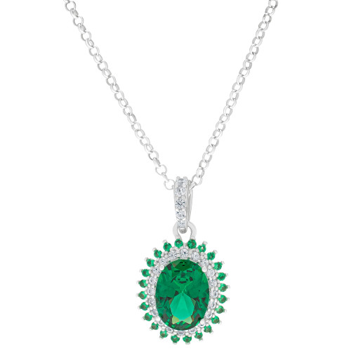Green Quartz (3/8 ct. t.w.) & Lab-Created White Sapphire (1/5 ct. t.w.), & Lab-Created Green Stone Oval Halo 18" Pendant Necklace in Sterling Silver