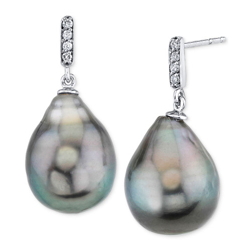 Cultured Tahitian Baroque Pearl (11mm) & Diamond Accent Drop Earrings in White Gold