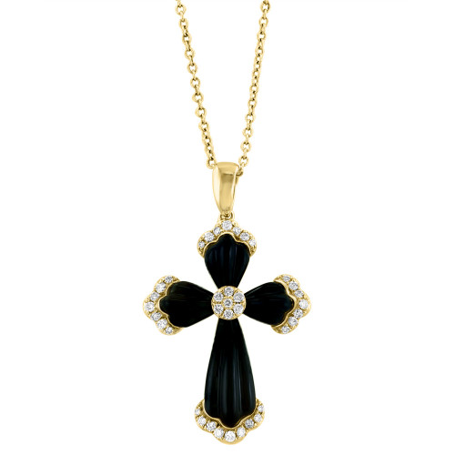 EFFY® Onyx & Diamond (1/6 ct. t.w.) 18" Cross Pendant Necklace in 14k Gold
