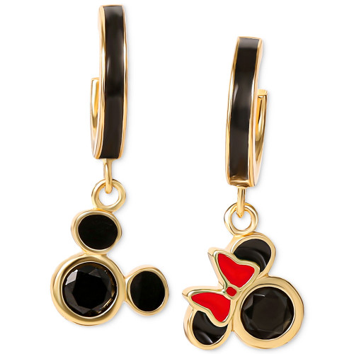 Cubic Zirconia & Enamel Mickey & Minnie Mouse Dangle Mismatch Hoop Earrings in 18k Gold-Plated Sterling Silver