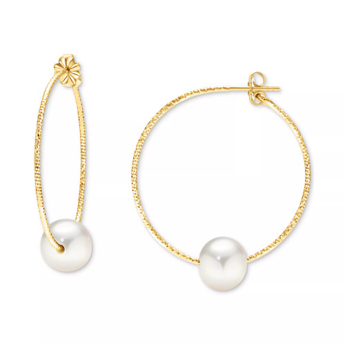 Cultured Freshwater Pearl (10mm) Textured Medium Hoop Earrings in 14k Gold-Plated Sterling Silver, 1.5"
