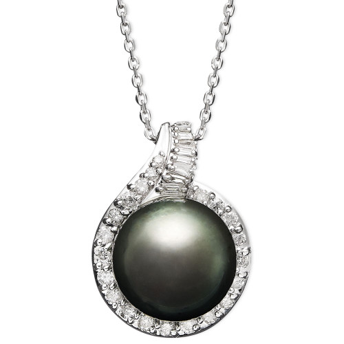 14k White Gold Necklace, Cultured Tahitian Pearl (12mm) and Diamond (1/2 ct. t.w.) Pendant