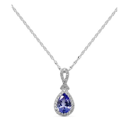 Tanzanite (5/8 ct. tw.) & Diamond (1/10 ct. t.w.) Pear Halo Pendant Necklace in 14k White Gold, 16" + 2" extender